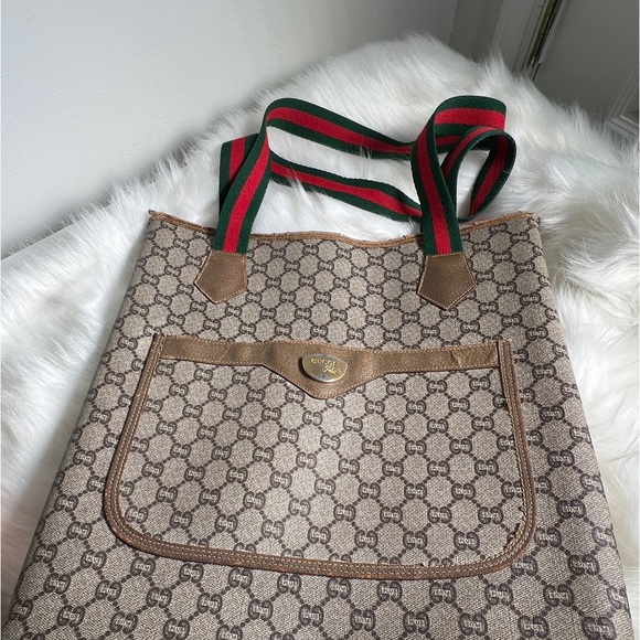 SOLD GUCCI Old Gucci Vintage GG Sherry Line Tote Bag PVC Leather Brown - Picture 6 of 16
